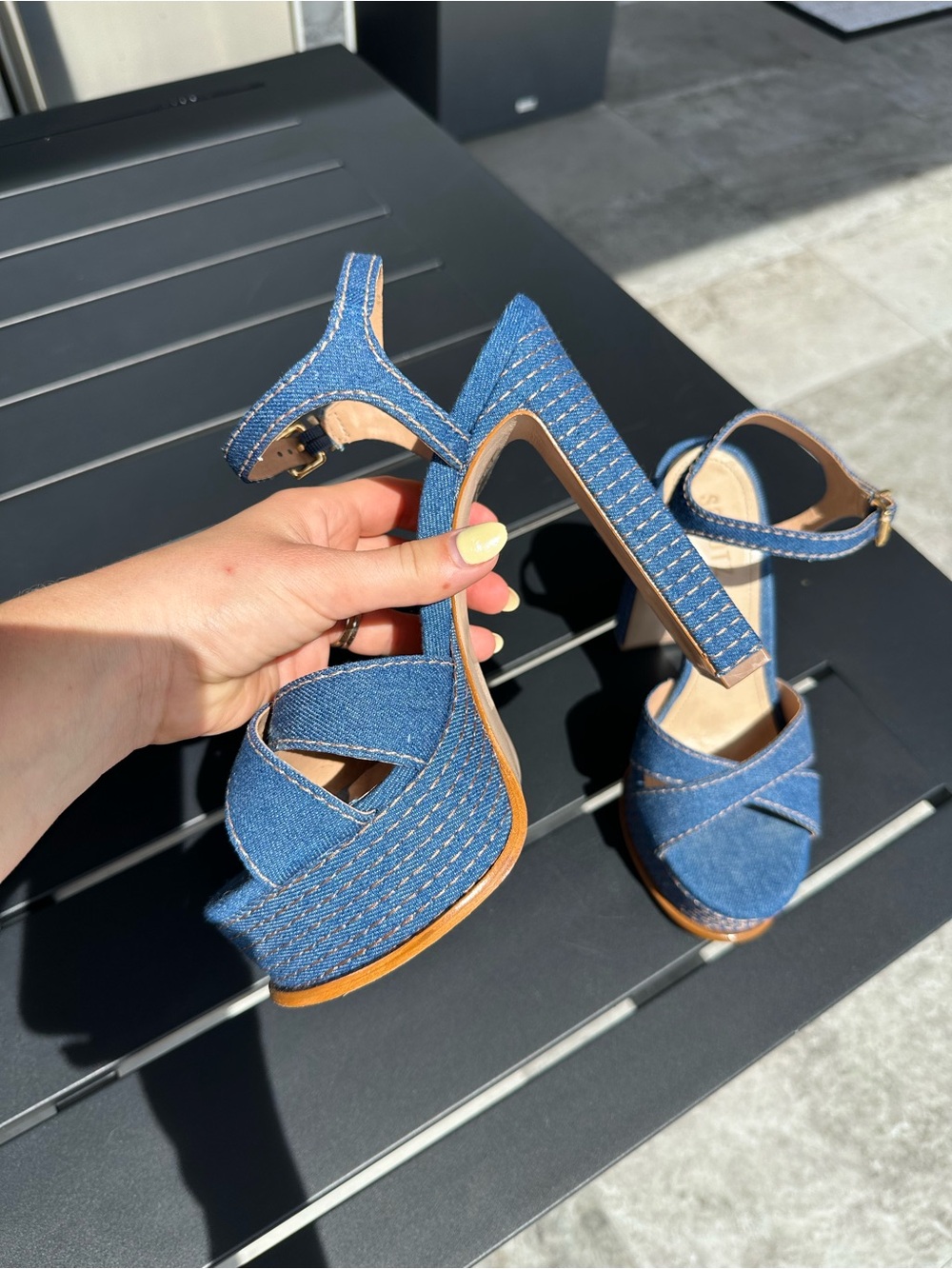 SCHUTZ Blue Denim Platform Sandals with Ankle Buckle - Picture 3 of 7
